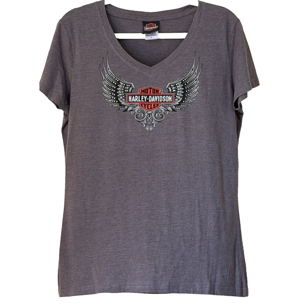 Harley Davidson Womens XL Gray V Neck T Shirt Windy City Chicago Wings Graphic